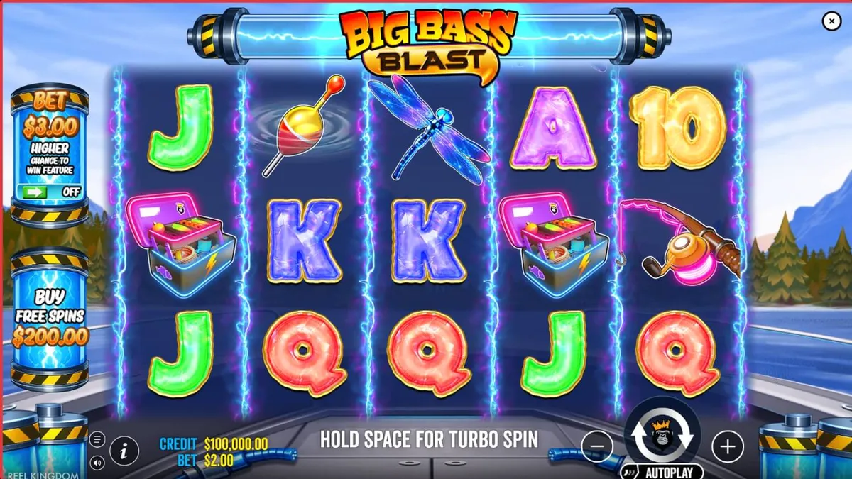 Interface futurista do slot Big Bass Blast com elementos de pesca e eletricidade