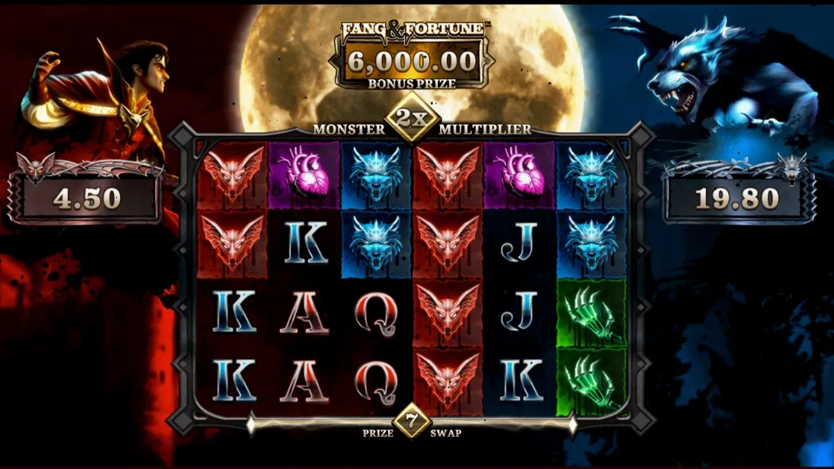 Cenário gótico do slot Fang & Fortune com vampiros e lobisomens