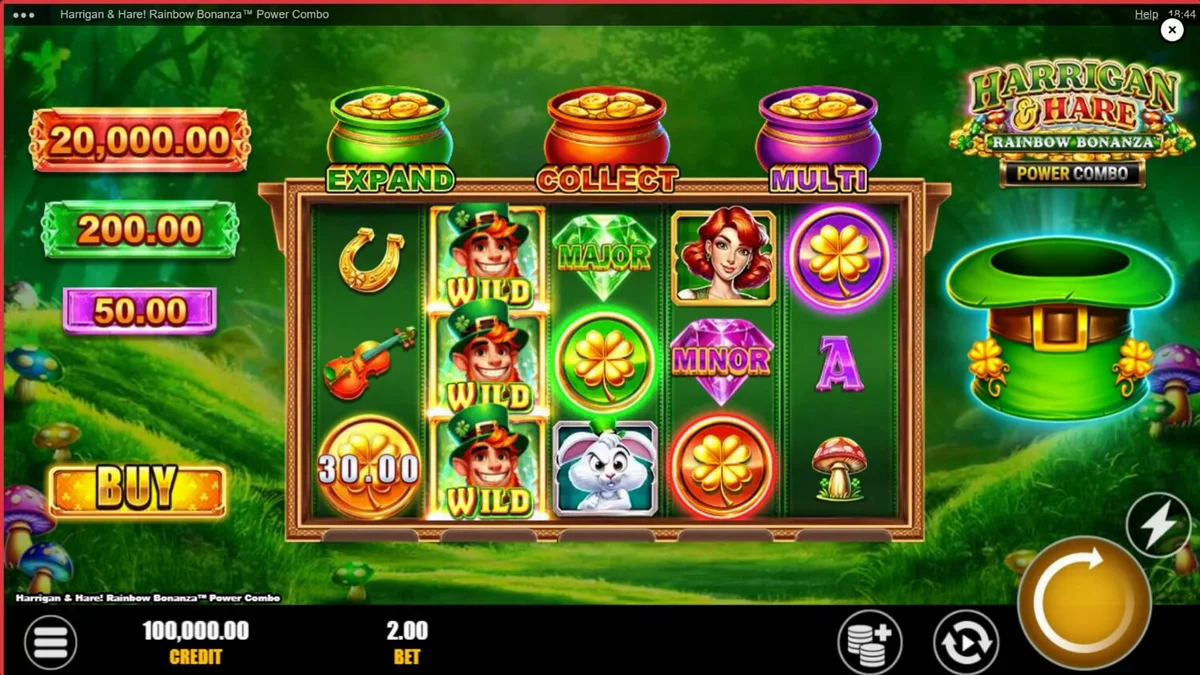 Interface vibrante do slot Harrigan & Hare Rainbow Bonanza Power Combo com elementos temáticos irlandeses